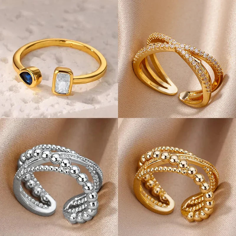 Zircon Square Drop Rings For Women Stainless Steel Gold Color Geometric Ring Wedding Engagement Christmas Jewelry Gift