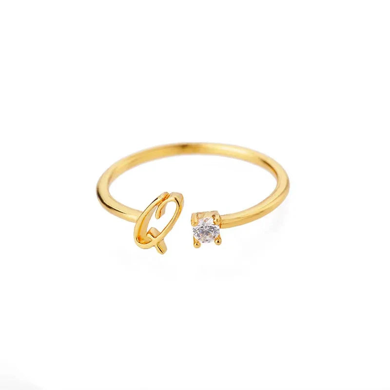 Zircon Initial Letter Ring for Women Stainless Steel Gold Color Alphabet Open Ring Trendy Wedding Birthday Aesthetic Jewelry