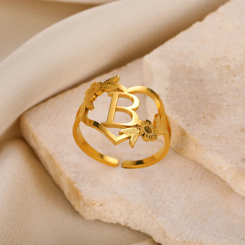 Stainless Steel Initials Letter Heart Rings for Women Girls Gold Color Flower Alphabet Ring Fashion Valentine's Day Jewelry Gift