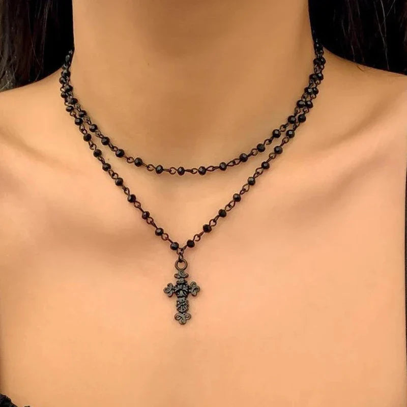 2Pcs/Pack necklace Set cross Crystal Necklace Female Retro Sweet Cool Style Double Layer Pendant Collarbone Chain Jewelry
