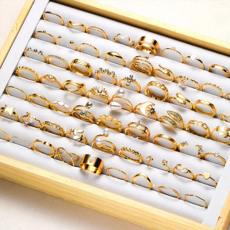 Vintage Elegant 66 Piece Fashion Ring Set Gold Color Pearl Geometric Rings Design for Women Daily Party Wear Jewelry Gifts 2024