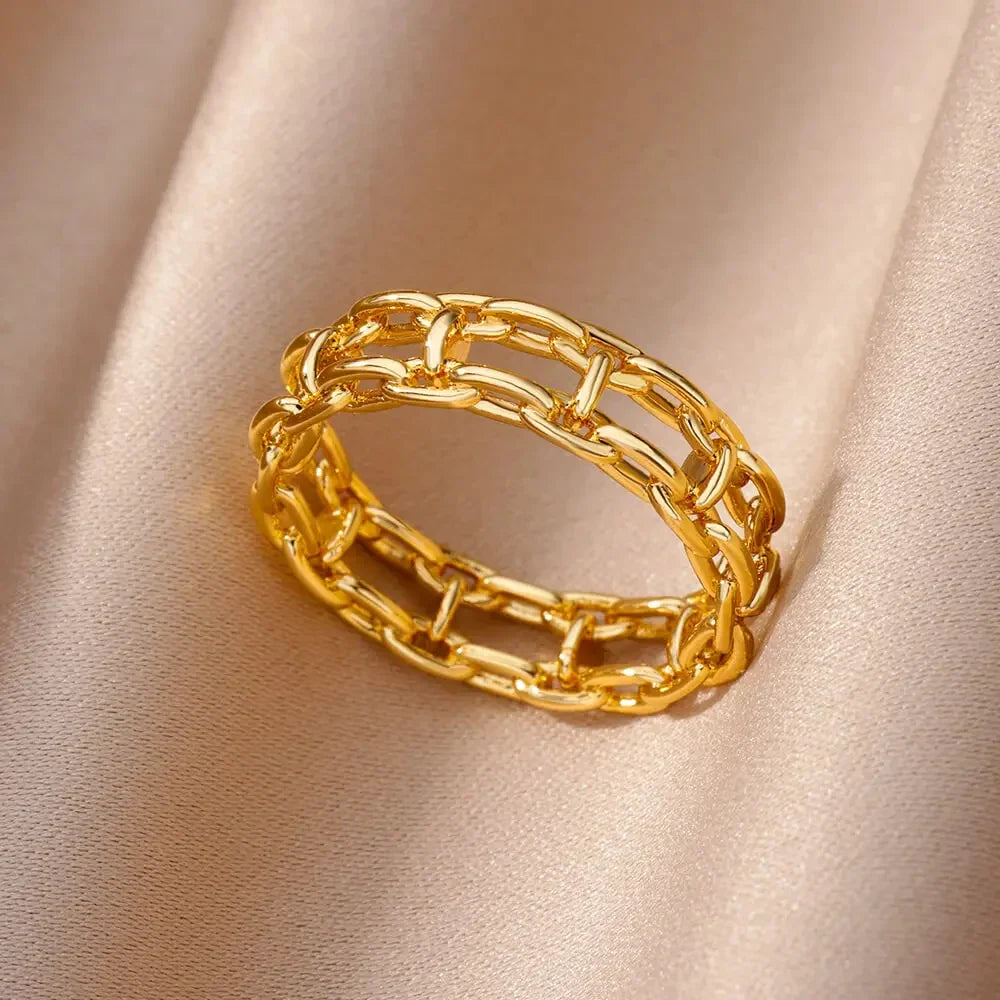 Hollow Out Love Heart Star Rings For Women Stainless Steel Gold Color Cuban Chain Ring Trend Wedding Jewelry Gift anillos mujer