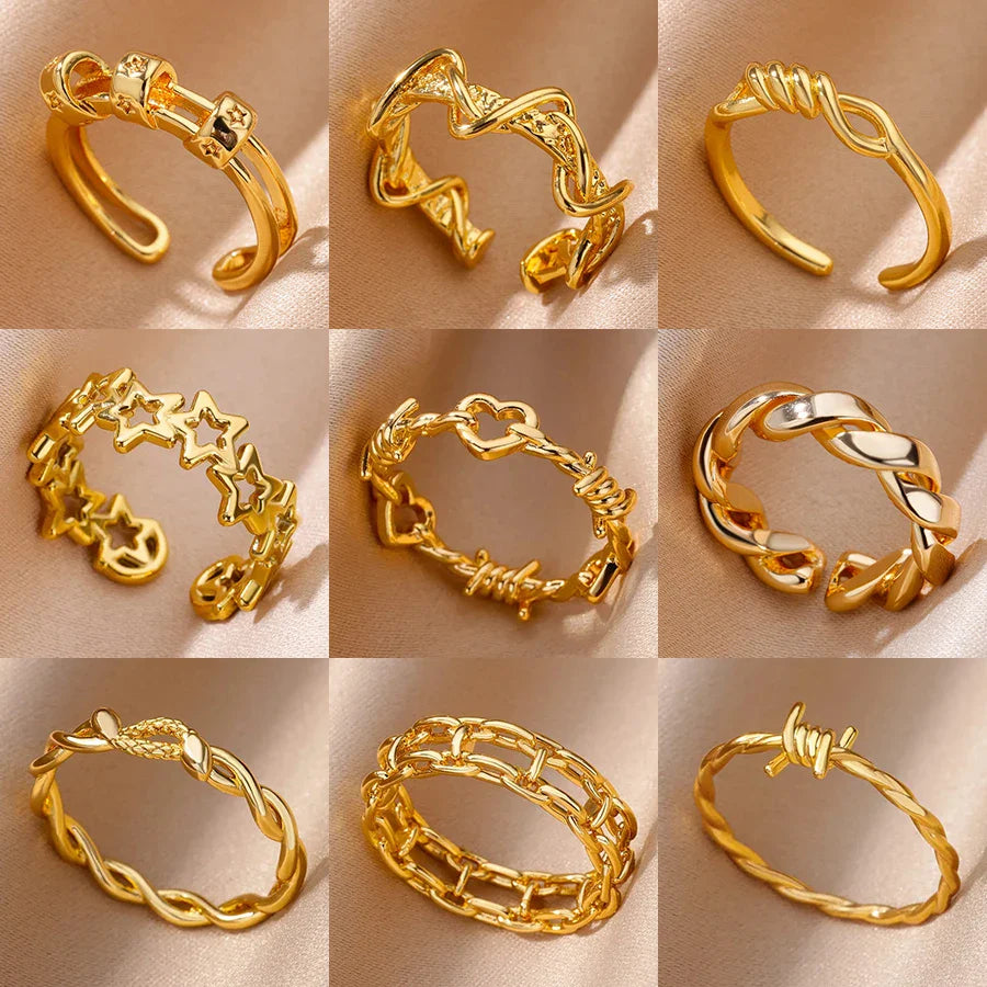 Hollow Out Love Heart Star Rings For Women Stainless Steel Gold Color Cuban Chain Ring Trend Wedding Jewelry Gift anillos mujer