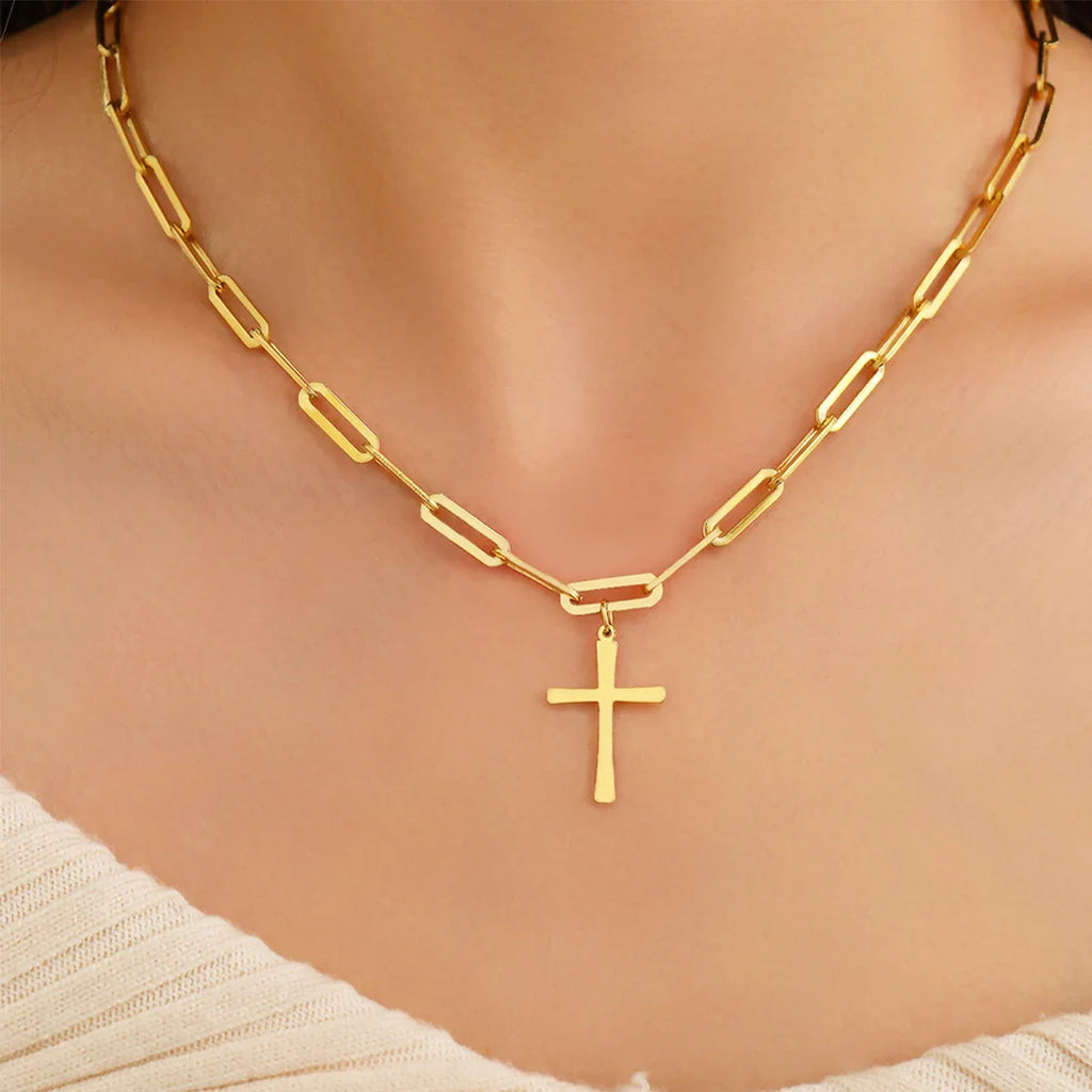 Cross Gold Color Pendant Necklaces for Women Stainless Steel Christian Jewelry Long Chain Necklace Gift