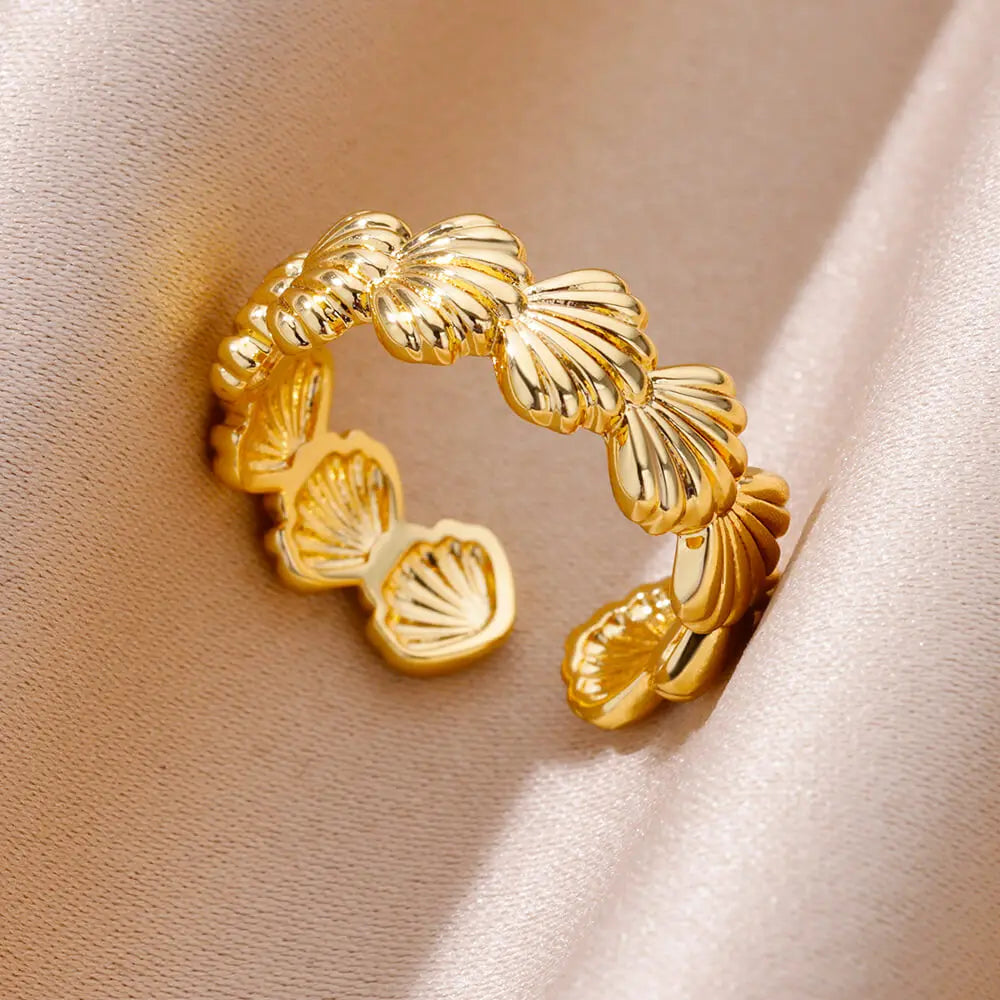 Stainless Steel Flower Rings for Women Gold Color Shell Starfish Multi Layer Hollow Out Ring Fashion Charm Jewelry Wedding Gifts