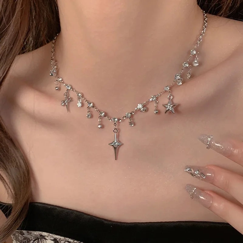 Kpop Star Pendent Necklace for Women Punk Simple Zircon Tassel Clavicle Chain Choker Elegent Party Gift Jewelry Girl
