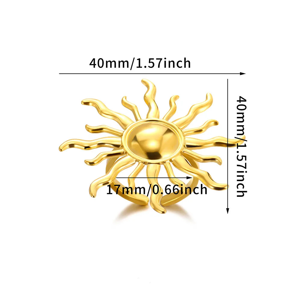 Exaggerated Sun Rings For Women Gold Color Stainless Steel Sun Adjustable Ring Fashion Anniversary Party Lucky Jewelry Gift