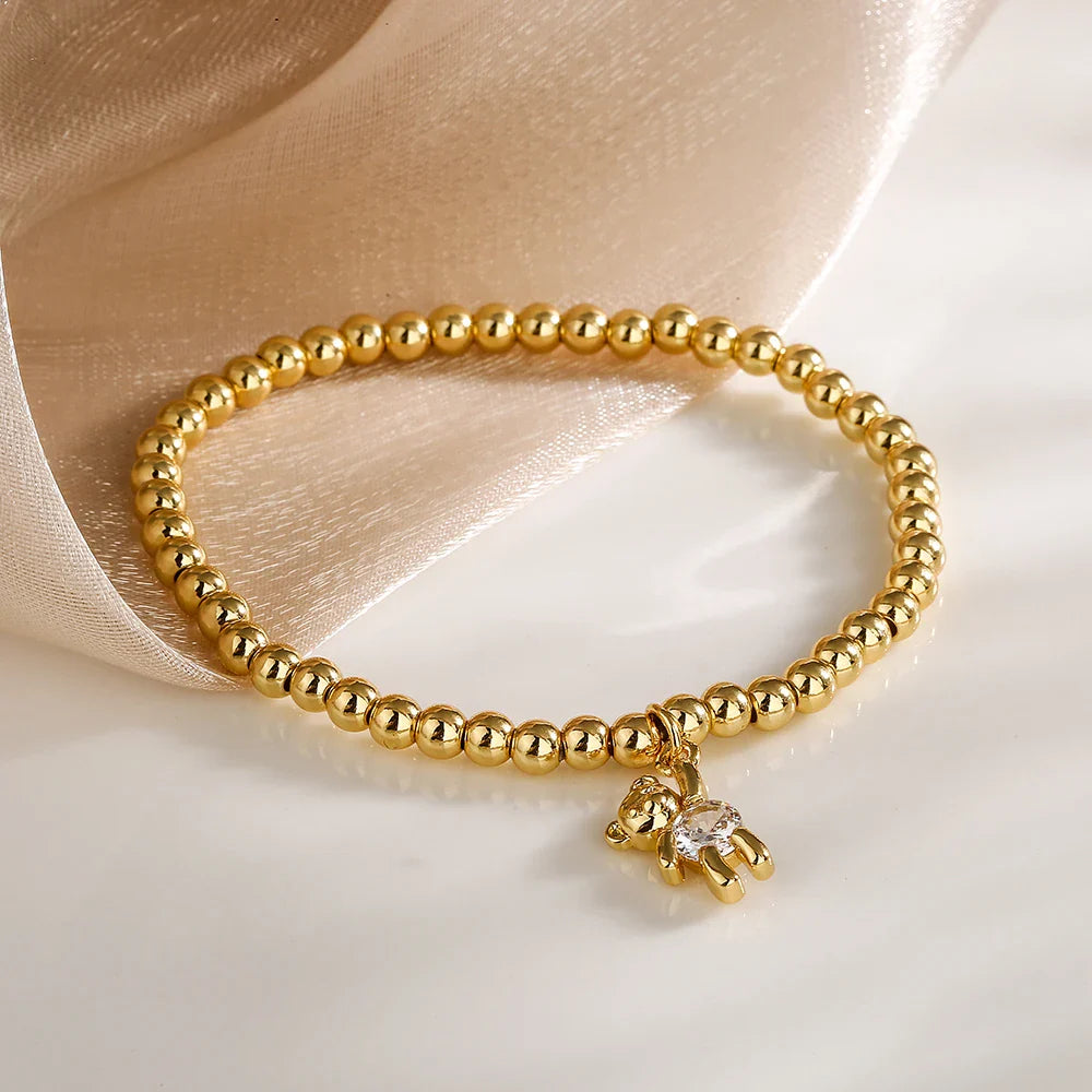 NEWBUY Trendy Gold Color Copper Beads Bracelets For Women White/Pink/Purple CZ Cute Bear Jewelry