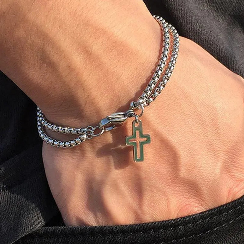 1pcs Bracelet Stainless Steel Thick Chain Cross Hollow Cross Pendant Double Bracelet Personality Niche High-grade Hand Jewelry