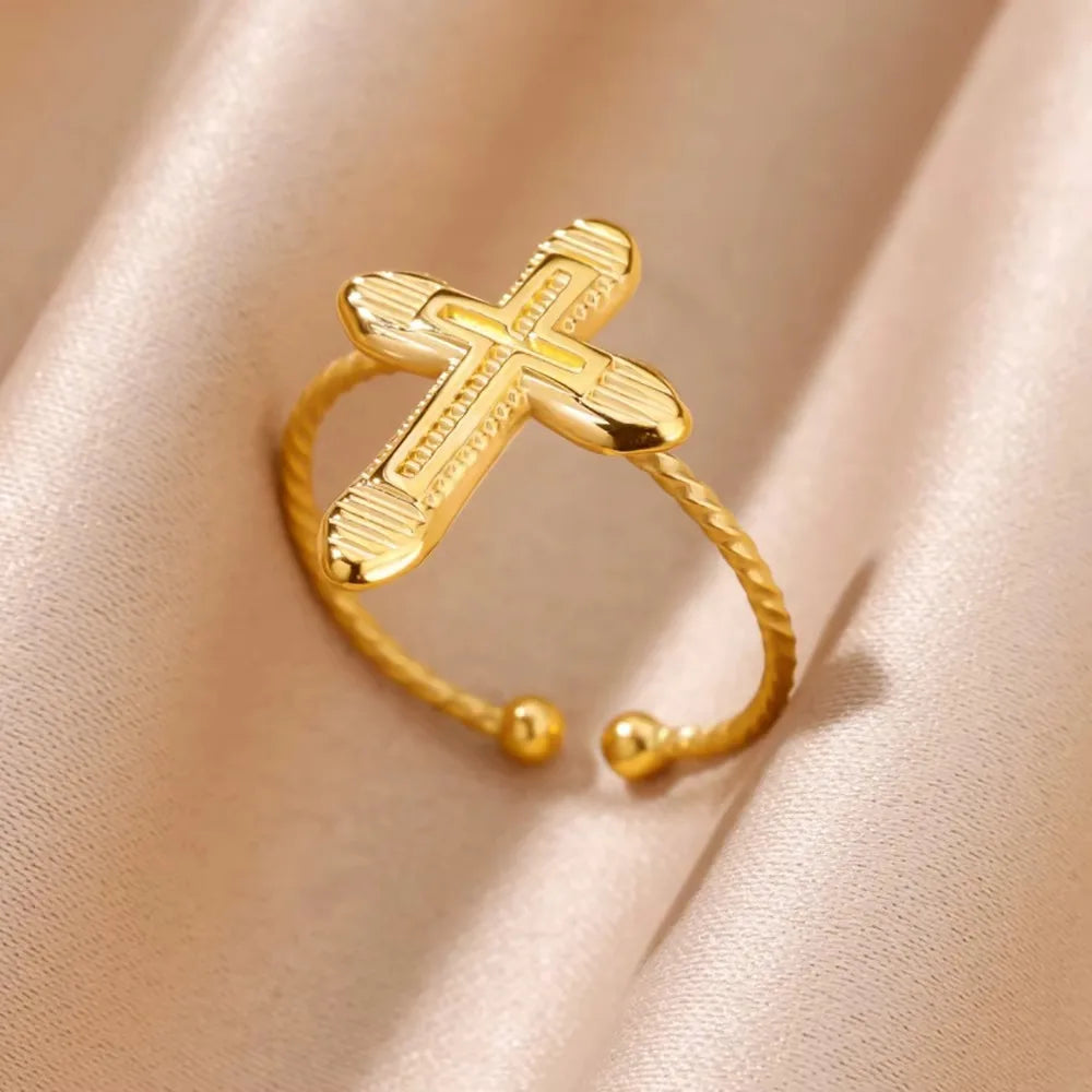 Stainless Steel Cross Rings for Women Vintage Gold Color Opening Cross Finger Ring Party Wedding Jewelry Gift anillos mujer