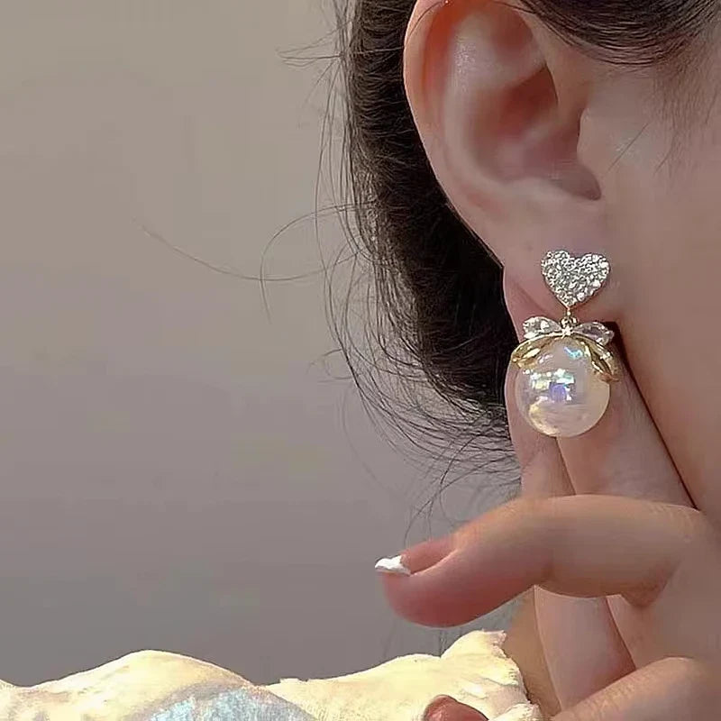 Korean Heart Drop Earrings For Women Girl Romantic Valentine's Day Gift Fashion Jewelry Trend Hanging Pearl Cute Bowknot Earring