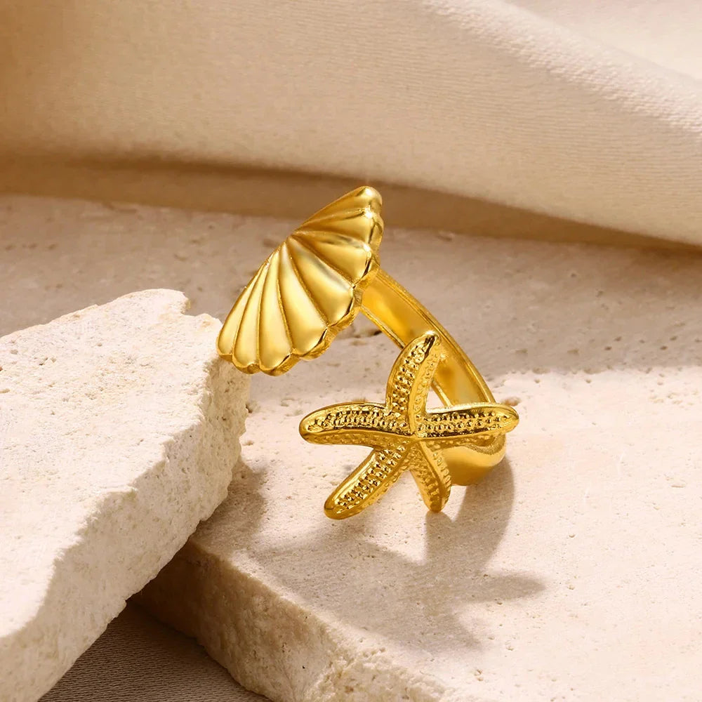 Vintage Shell Starfish Rings For Women Gold Color Stainless Steel Shell Ocean Openning Ring Wedding Summer Jewelry Gift