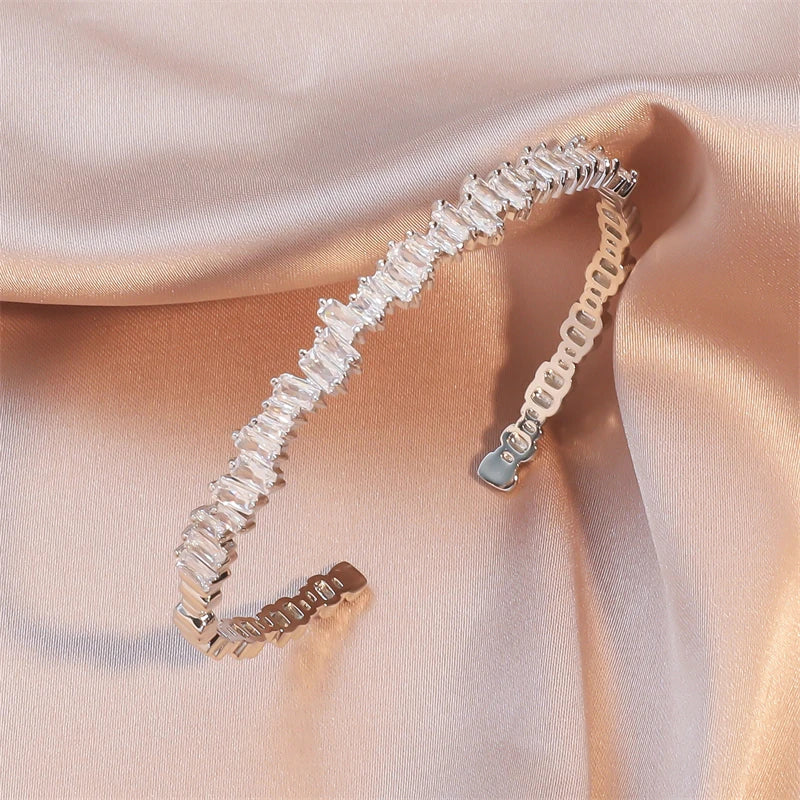 Yupsk Shiny Zircon Hollow Rectangle Link Cuff Bangle Bracelet for Women Luxury Wedding Party Jewelry Women's Gift