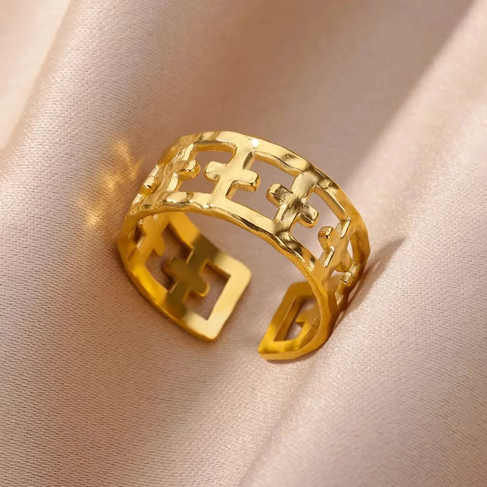 Stainless Steel Cross Rings for Women Vintage Gold Color Opening Cross Finger Ring Party Wedding Jewelry Gift anillos mujer