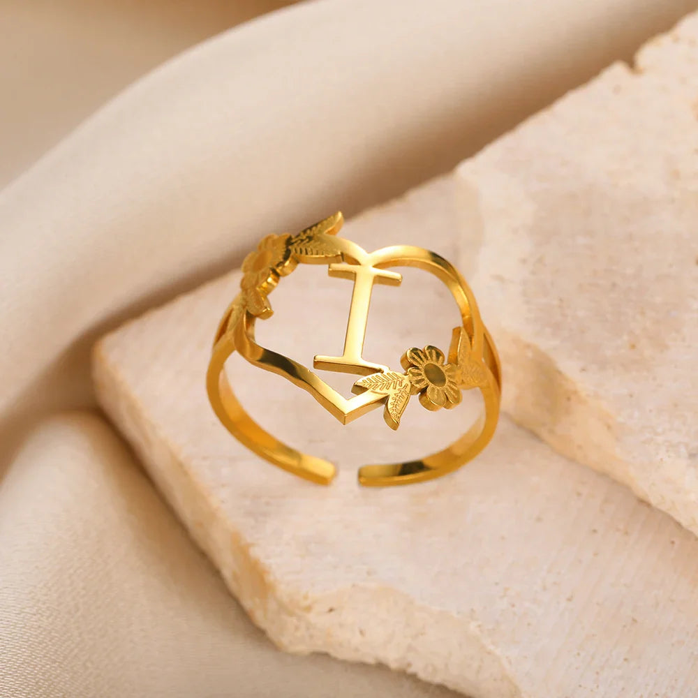 Stainless Steel Initials Letter Heart Rings for Women Girls Gold Color Flower Alphabet Ring Fashion Valentine's Day Jewelry Gift