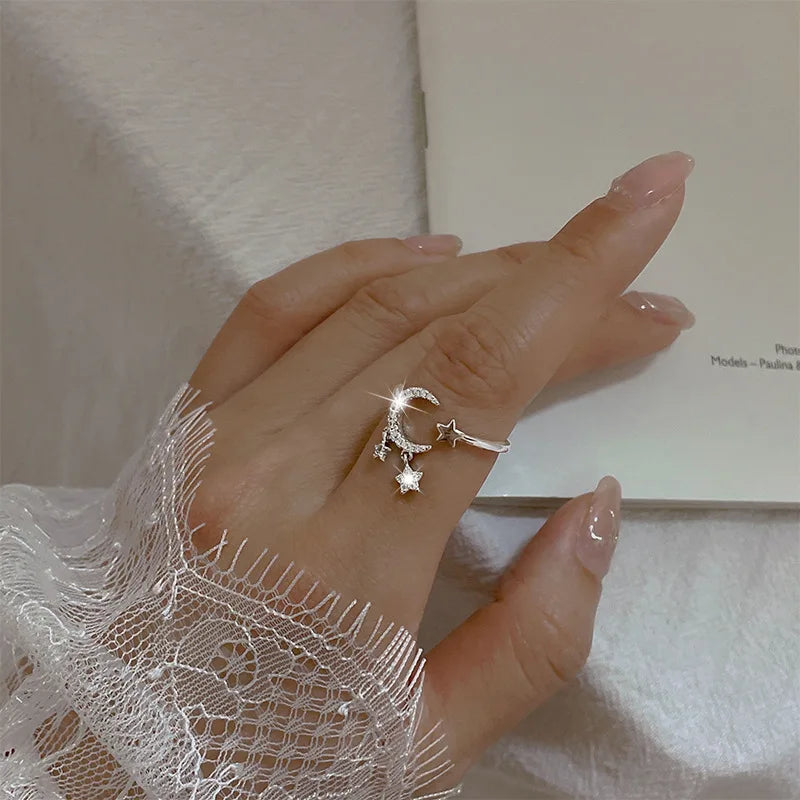 VENTFILLE 925 Silver Moon Tassel Opening Female Fashion Ins Ring
