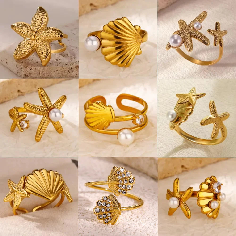 2025 Freshwater Anillos Stainless Steel Pearl Starfish Shell Rings For Women Punk Gold Color Vintage Waterproof Beach Jewelry