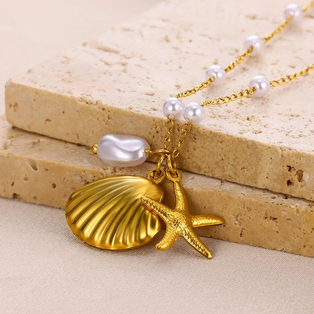Vintage Starfish Shell Pearl Necklace For Women Gold Color Stainless Steel Pendant Shell Necklace Aesthetic  Summer Jewelry Gift