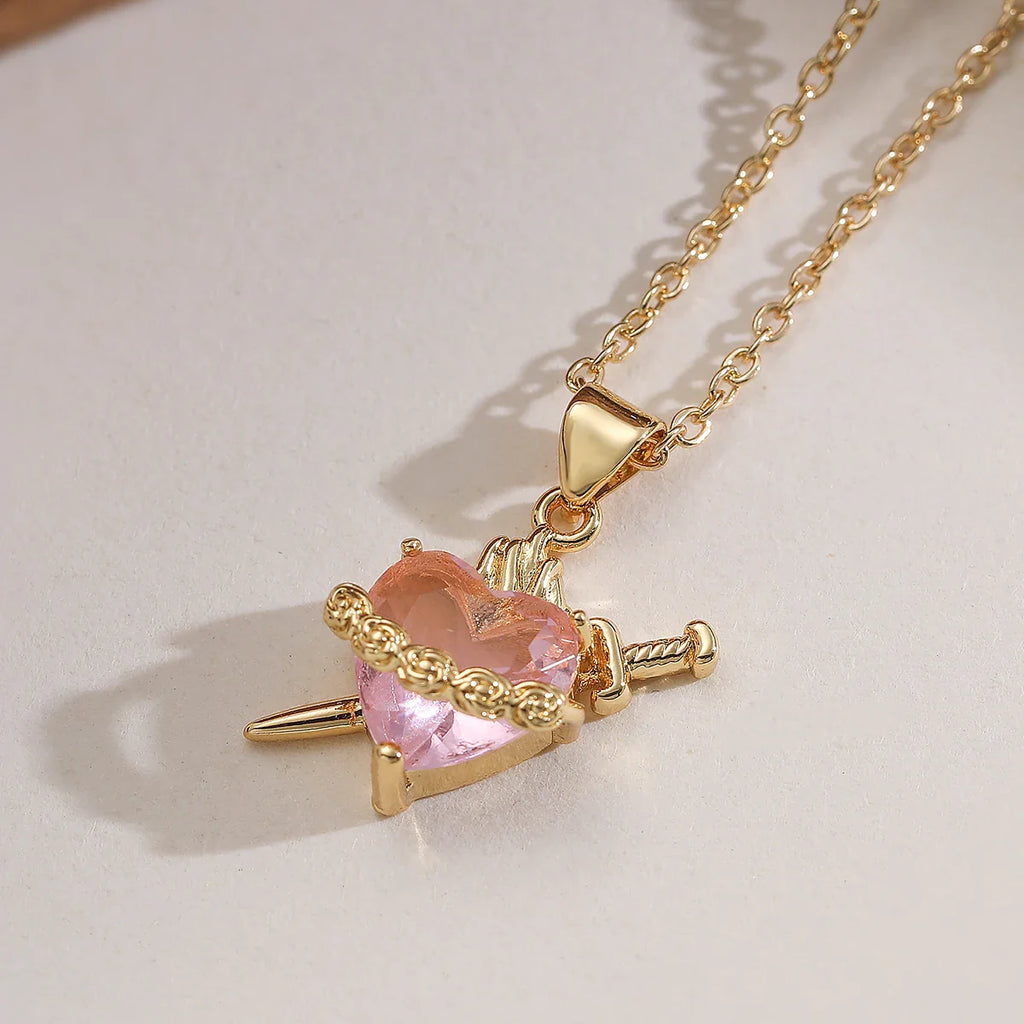 NEWBUY Fashion Gold Color Chain Red Crystal Heart Pendant Necklaces For Women Bling Bling Jewelry