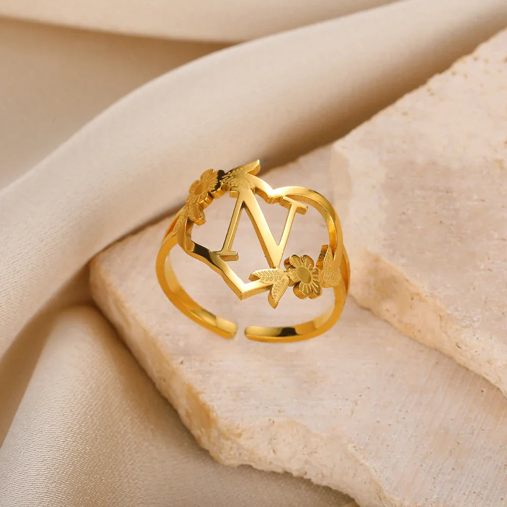 Stainless Steel Initials Letter Heart Rings for Women Girls Gold Color Flower Alphabet Ring Fashion Valentine's Day Jewelry Gift