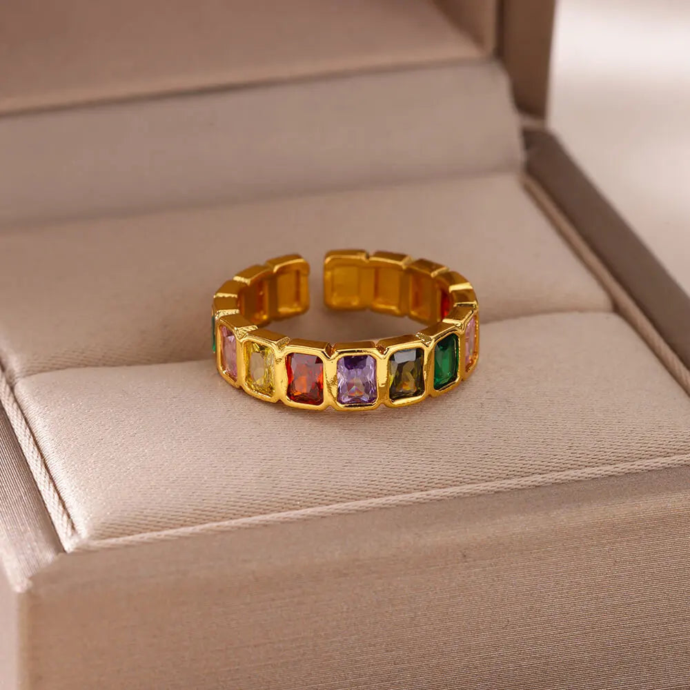 Colored Zircon Rings for Women Gold Color Stainless Steel Adjustable Ring 2024 Trend Wedding Engagement Jewelry anillos mujer
