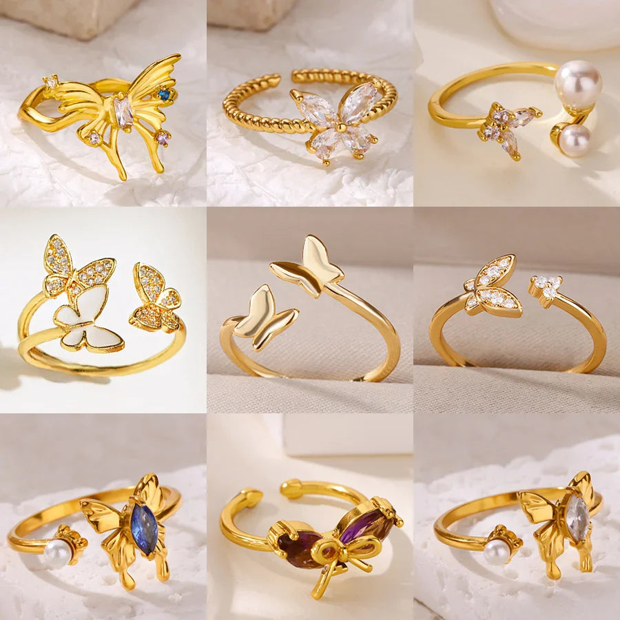Fashion Luxury Zircon Butterfly Rings for Women Stainless Steel Open Finger Ring Trendy Wedding Party Aesthetic Jewelry Gift