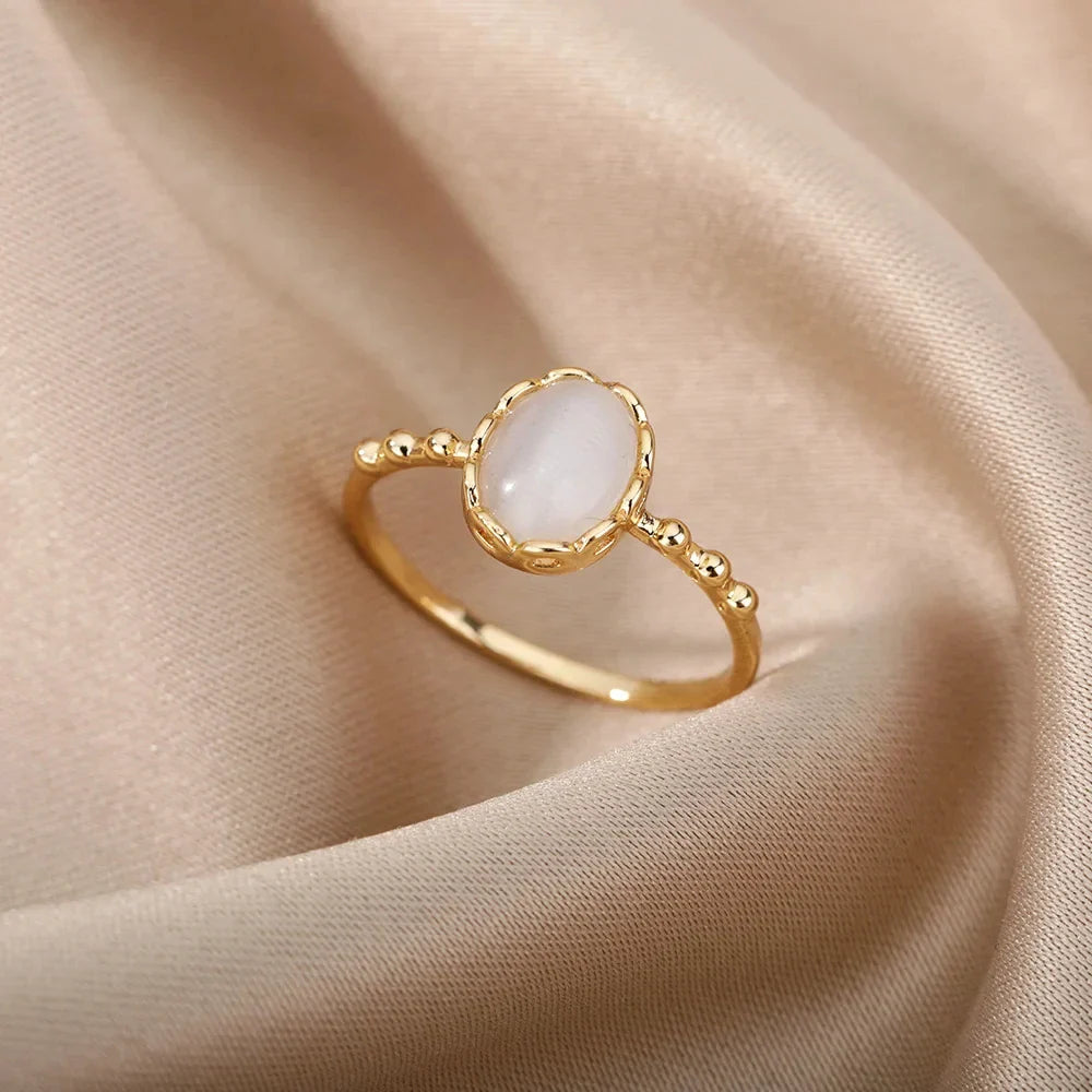 Fashion White Opal Rings For Women Gold Color Stainless Steel Opal Ring Wedding Engagement Jewelry Birthday Gift 2024