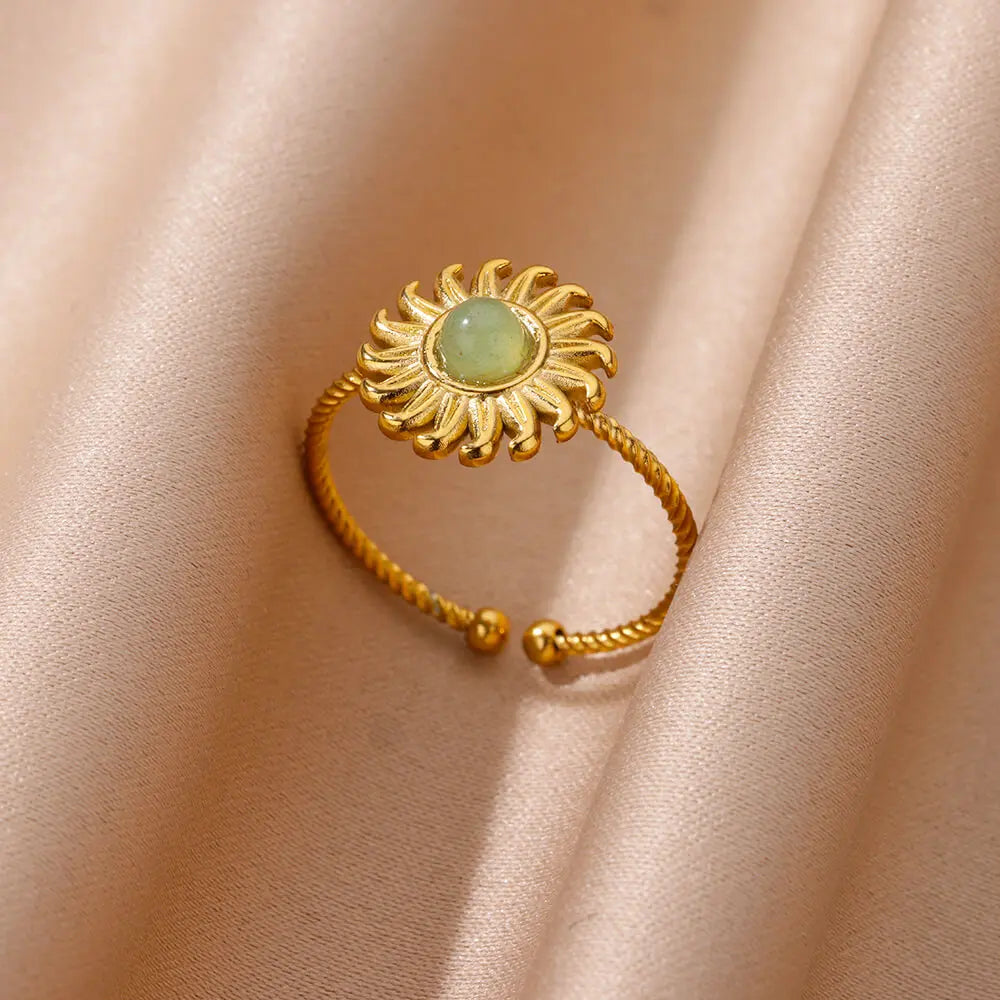 Stainless Steel Smooth Double Ball Beads Rings For Woman Vintage Opal Natural Stone Ring Fashion Gold Color Aesthetic Jewelry