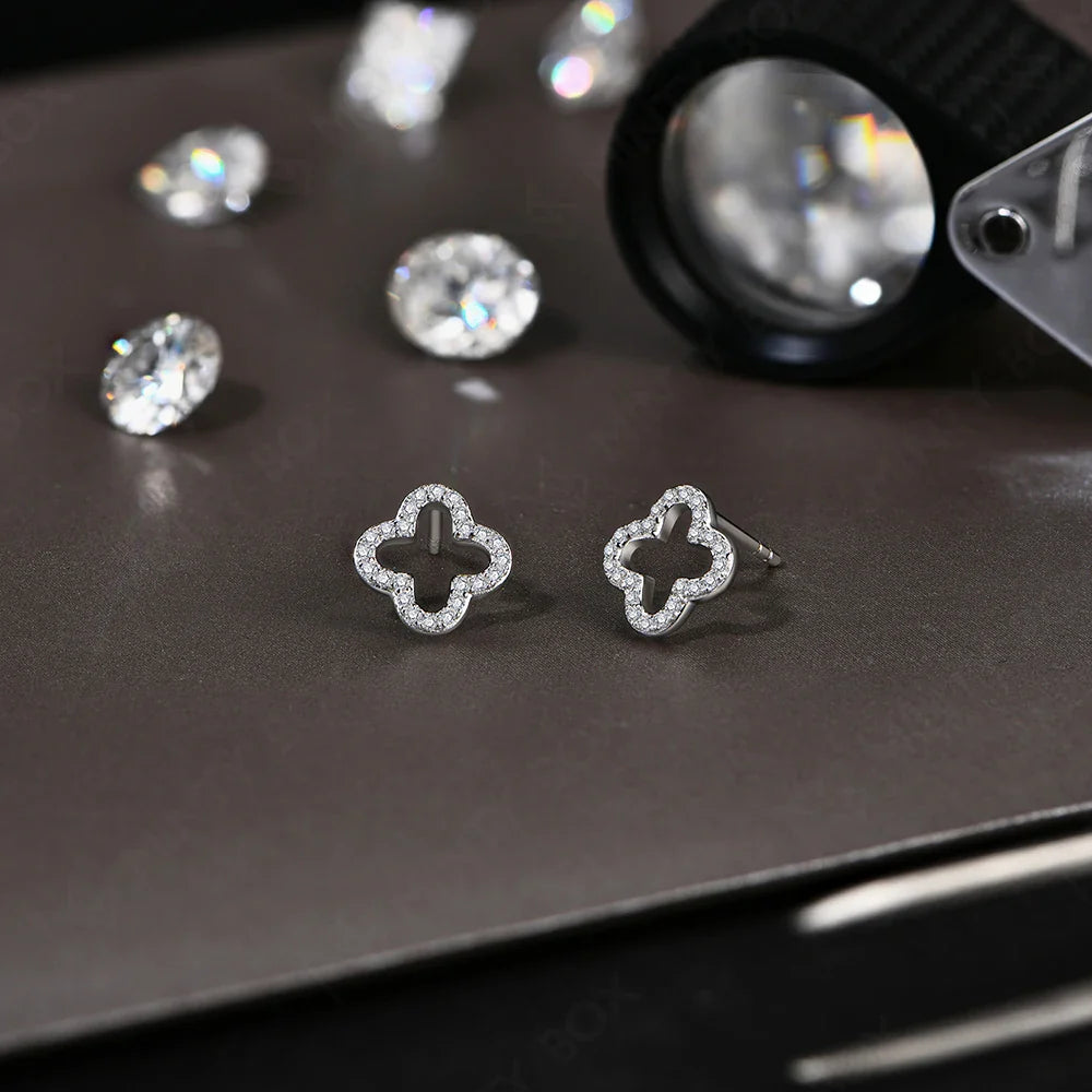 MINTYBOX S925 Sterling Silver Moissanite Diamond Stud Earrings for Women Clover 18k White Gold Plated Flower Wedding Fine Jewelr