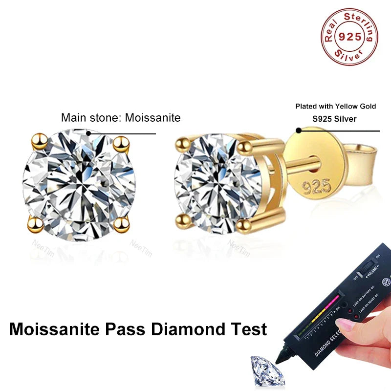 NeeTim 0.2-2ct Moissanite Earrings For Women 925 Sterling Silver Ear Studs with Yellow Gold Plated Lab Diamond Wedding Jewelry