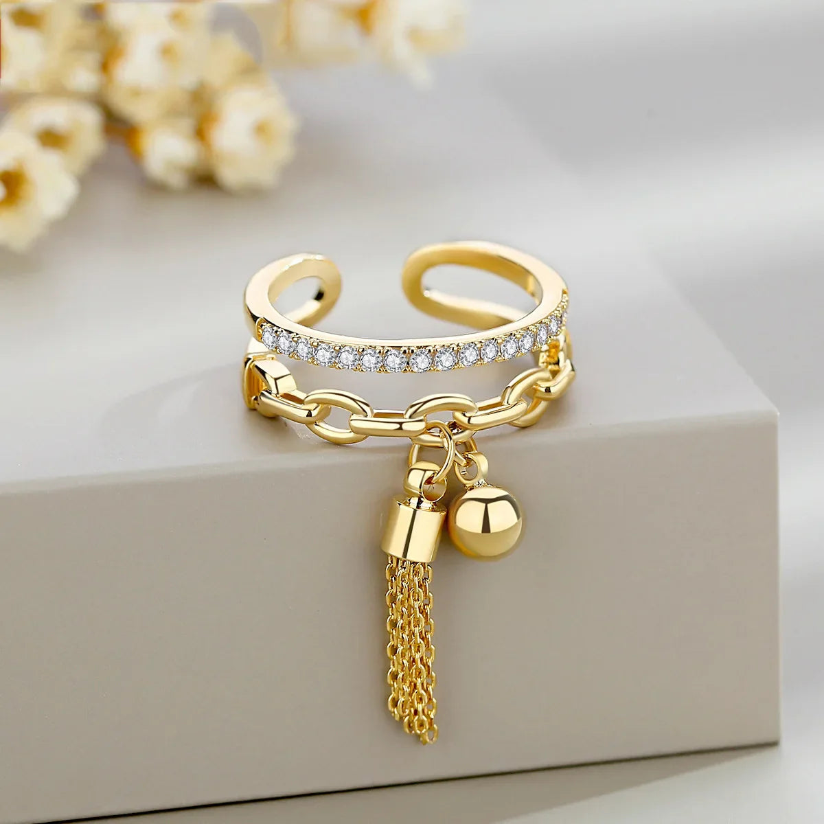 Luxury Double Layer Zircon Rings for Women Punk Metal Ball Tassel Link Chain Opening Ring 2023 New Trend Couple Wedding Jewelry