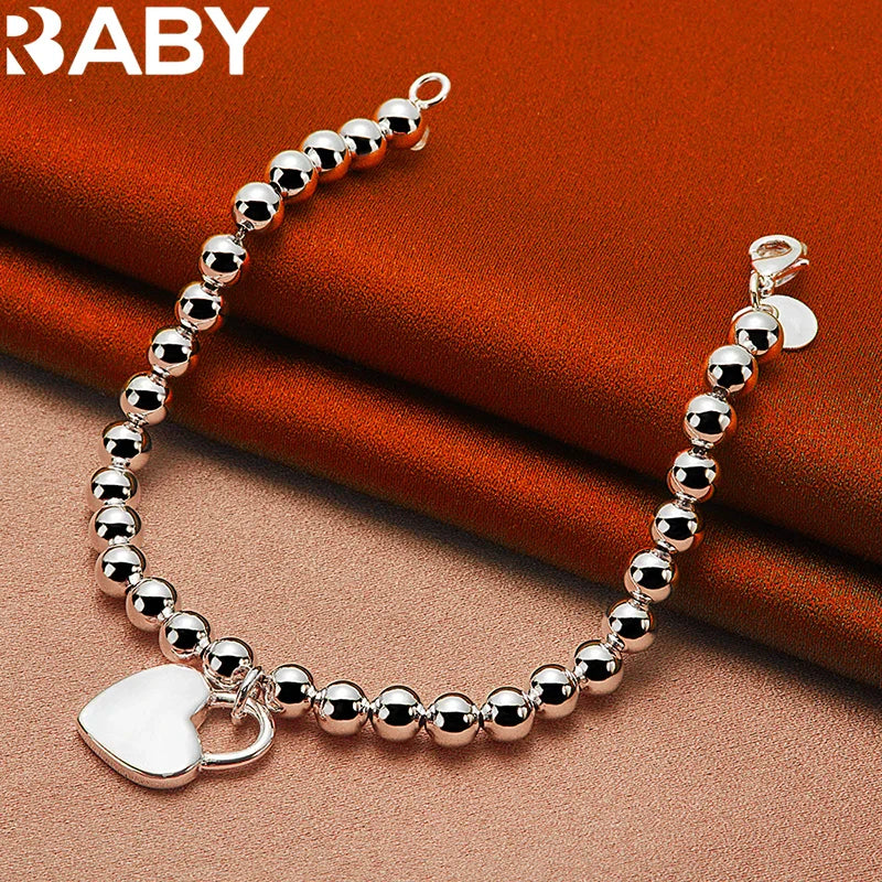 URBABY 925 Sterling Silver Smooth Beads Chain Heart Pendant Bracelet For Woman Wedding Party Fashion Jewelry Gift