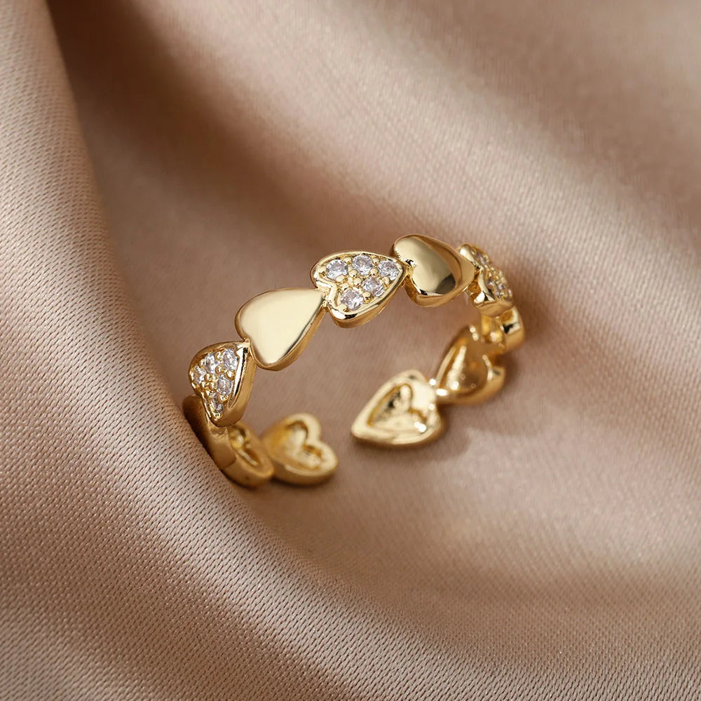 Zircon Heart Rings For Women Stainless Steel Gold Color Geometric Open Finger Ring Fashion Wedding Aesthetic Jewelry Gift