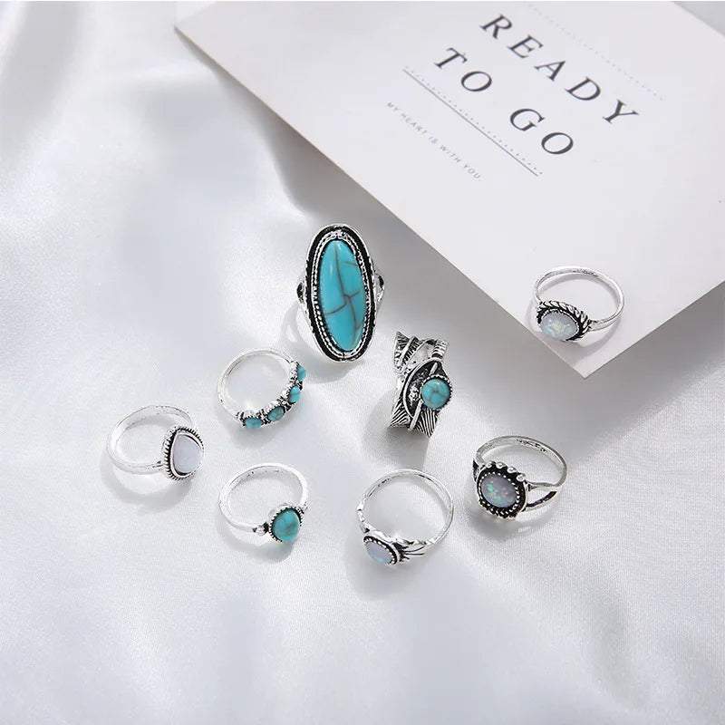 8Pcs/Set Rings Set Fashion Casual New Retro Set With Turquoise Carved Feather Ring Set High-grade Jewelry