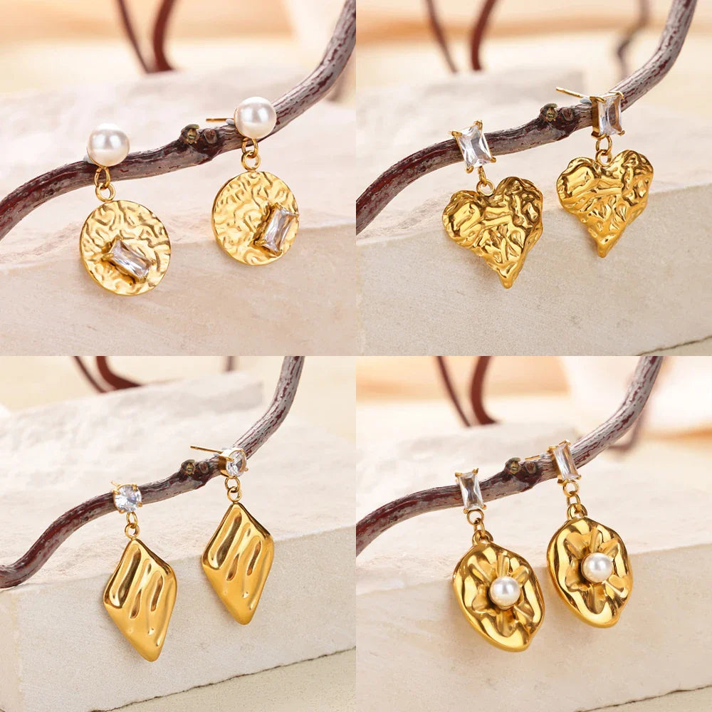Vintage Gold Color Heart Hoop Earrings For Women Stainless Steel Geometric Piercing Earring Luxury Zircon Jewelry Wedding Gift
