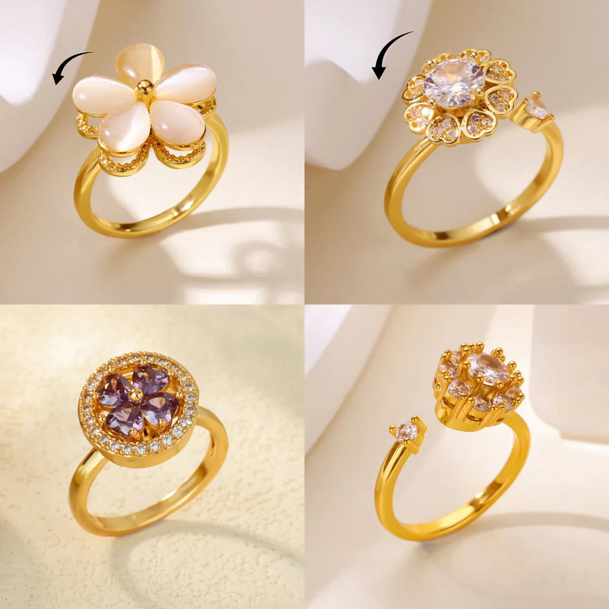 Luxury Zircon Rotable Flower Heart Rings For Women Stainless Steel Gold Color Open Ring 2025 New Fashion Wedding Couple Jewelry