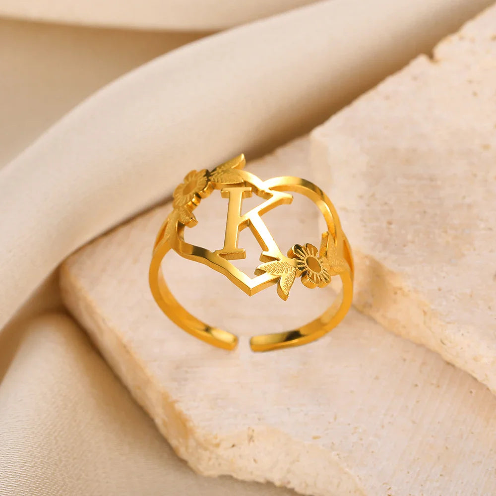 Stainless Steel Initials Letter Heart Rings for Women Girls Gold Color Flower Alphabet Ring Fashion Valentine's Day Jewelry Gift