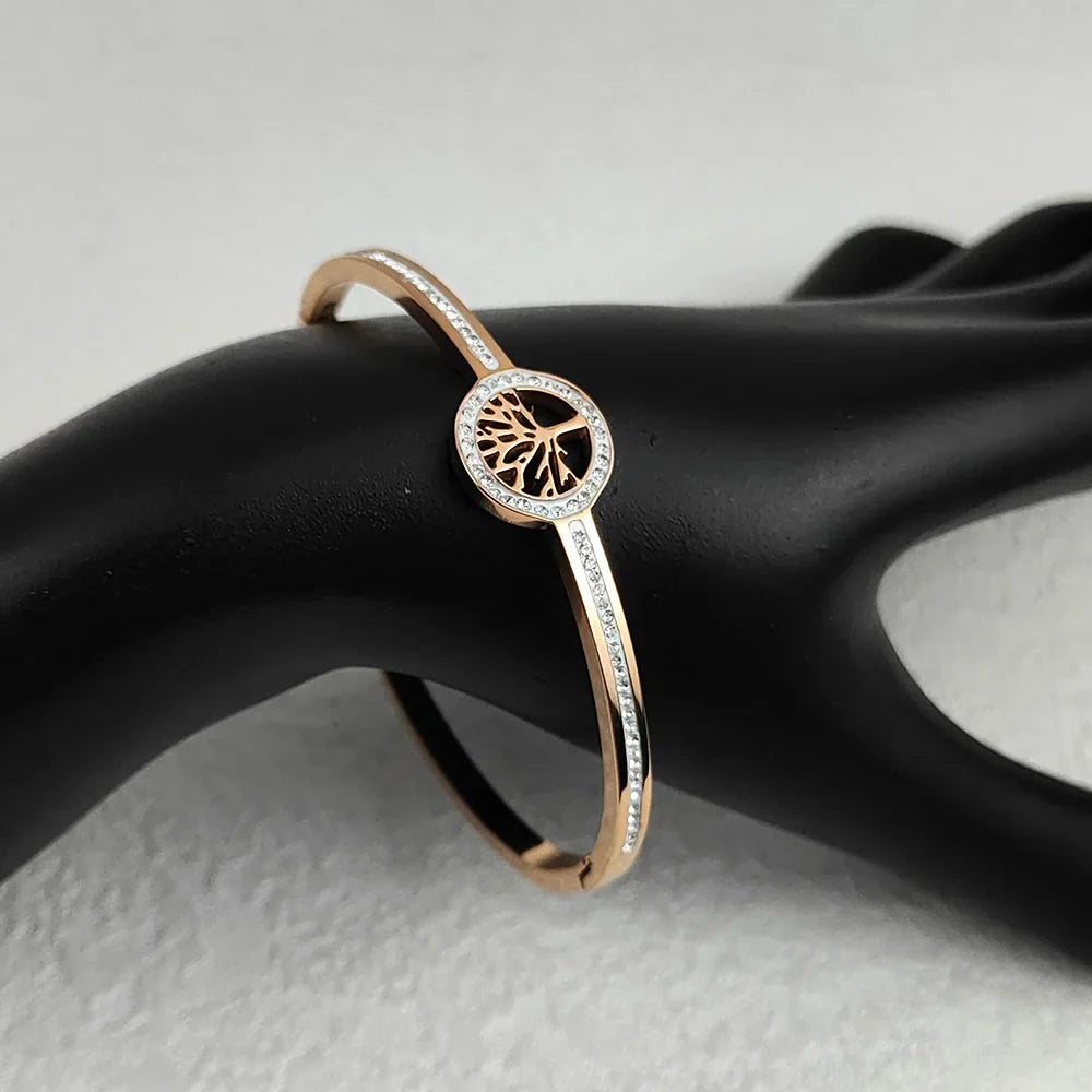 Luxury Stainless Steel Tree of Life Bangle for Women Men Crystal Zircon Bracelet Silver Gold Color Wrist Jewelry Accessories