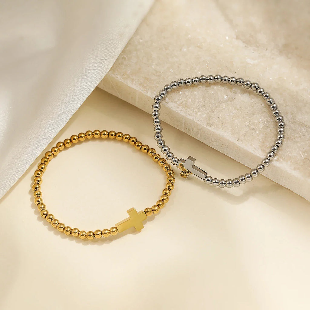 NEWBUY High Quality Non-Fading Stainless Steel Jewelry Silver/Gold Color Beads Cross Charm Bracelets For Women Men