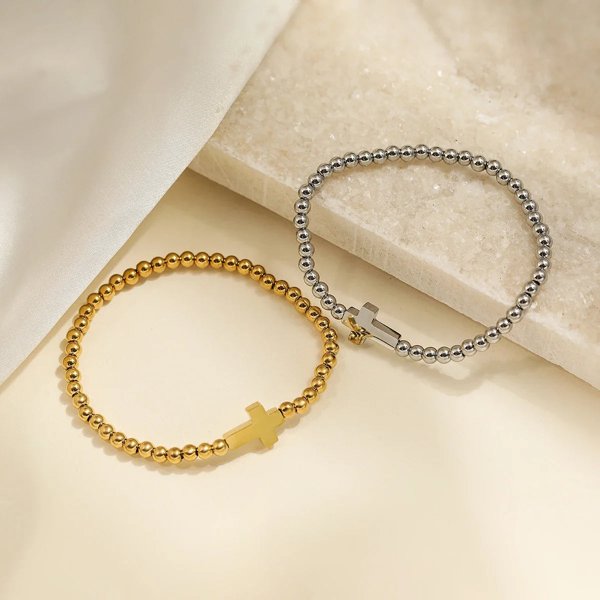 NEWBUY High Quality Non-Fading Stainless Steel Jewelry Silver/Gold Color Beads Cross Charm Bracelets For Women Men