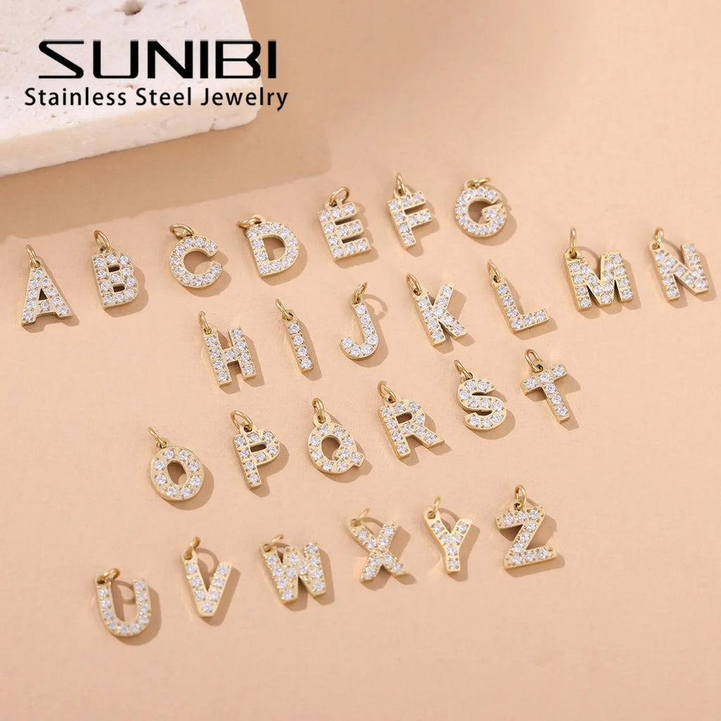 SUNIBI Stainless Steel DIY 26 Initial Pendant for Women Zircon Alphabet Charm Jewelry Making Anniversary Gift Customizable Name