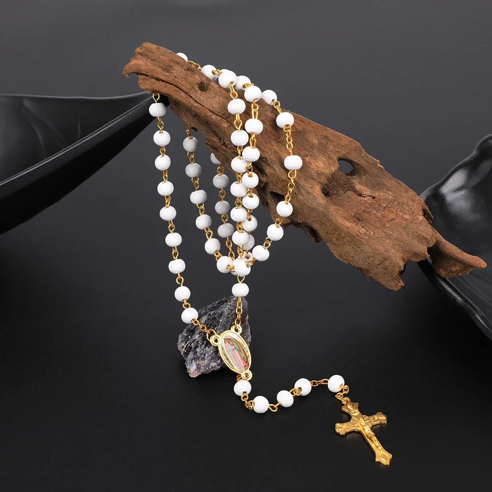 Wood Rosary Necklace For Women 6MM Wooden Prayer Beads Long Chain Religious Virgin Mary Cross Pendant Men Party Jewelry Gift