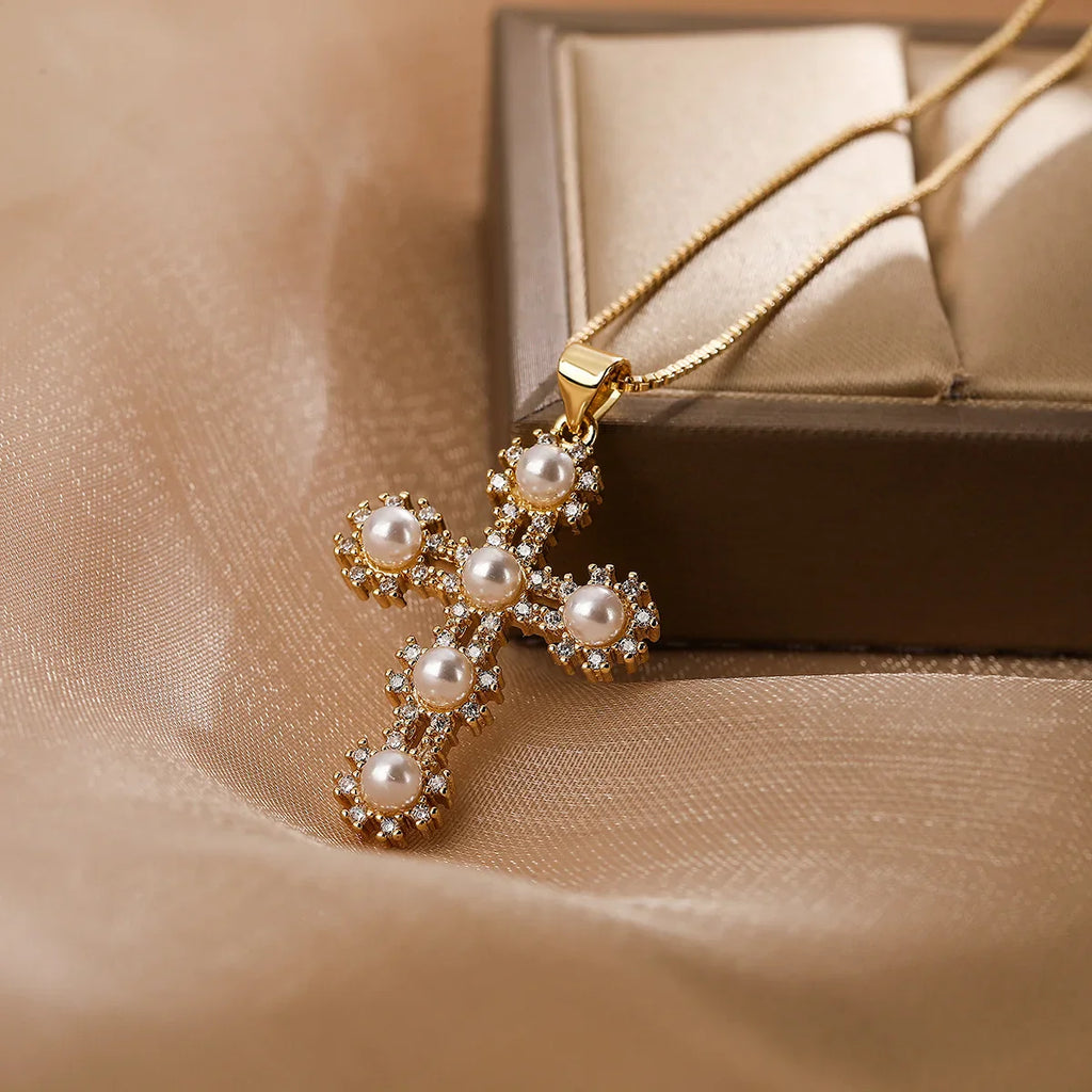 NEWBUY Classic Design Cross Pendant Gold Color 316L Stainless Steel Chain Necklace For Women Luxury Pearl Jewelry