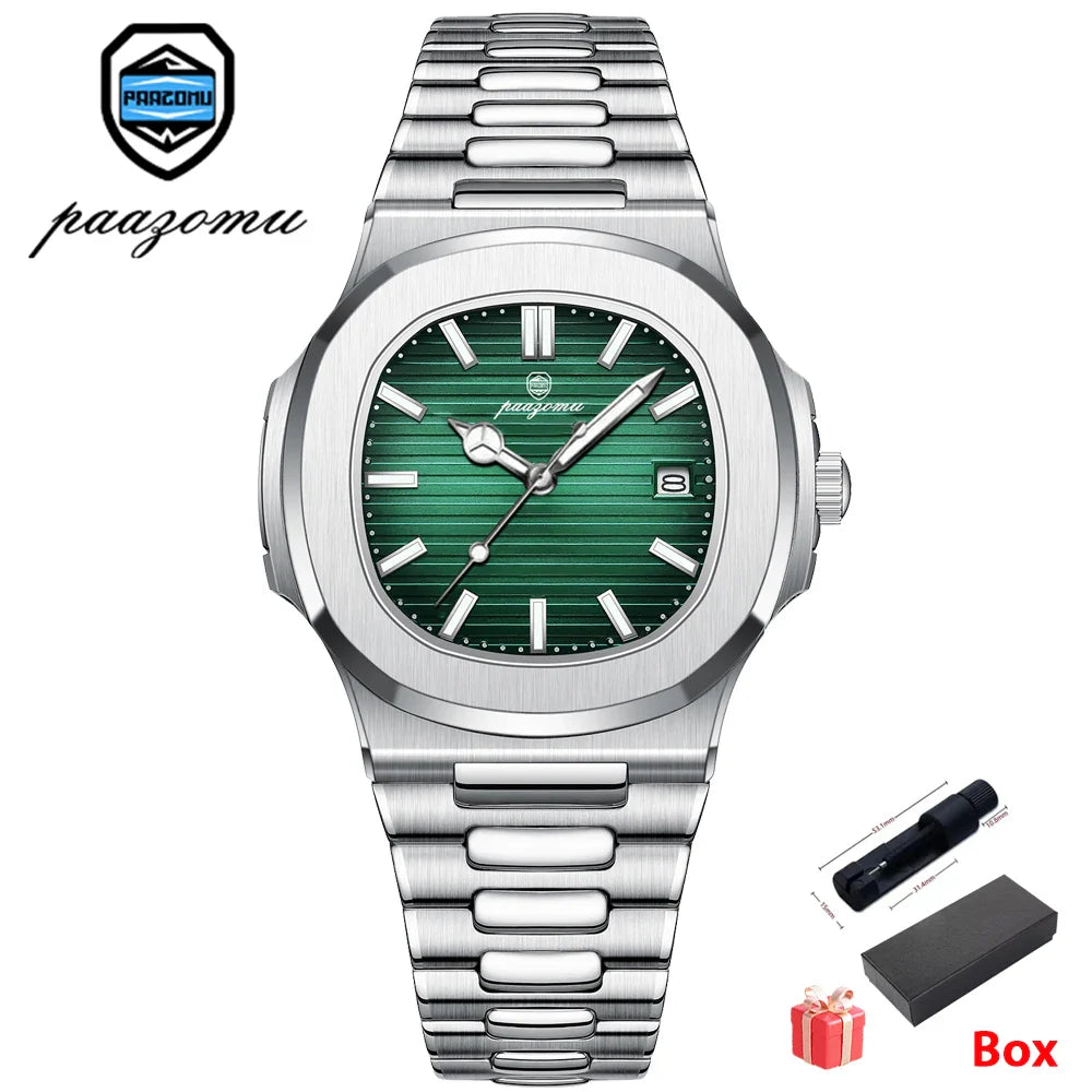PAAZOMU Luxury Watch Business 50 ATM Waterproof Male Clock Luminous Date Stainless Steel Square Quartz Men Watches reloj hombre