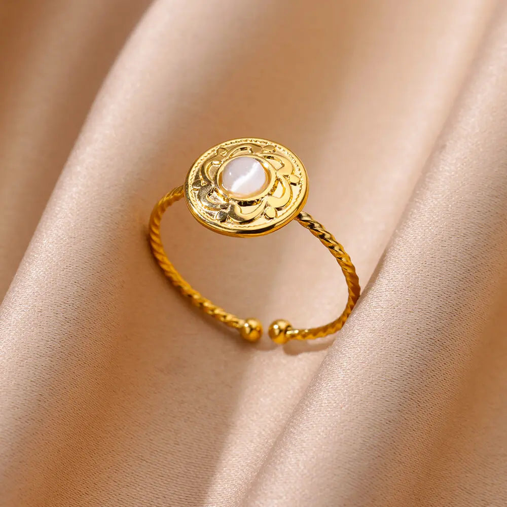 Gold Color Stainless Steel Shell Rings For Women Vintage Oval Blue Stone Adjustable Ring Fashion Party Jewelry Anniversary Gift