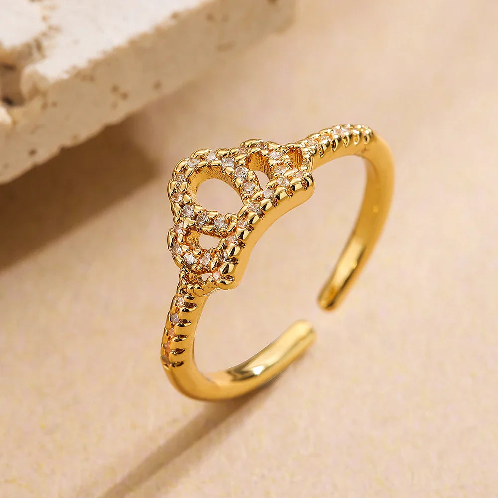NEWBUY 2025 Trendy Gold Color Crown Charm Finger Rings Open Design Adjustable Shiny CZ Zircon Wedding Jewelry Female